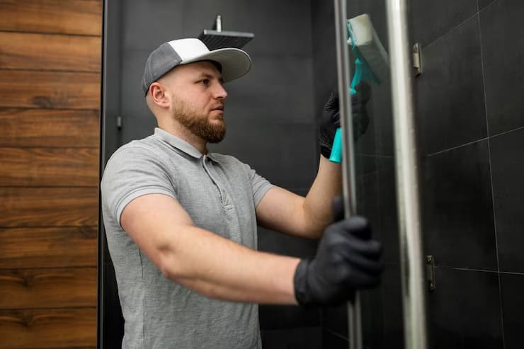 Picture of a man cleaning the shower glass door